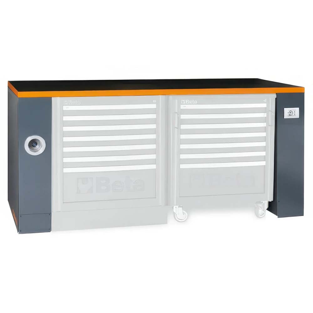 Long Beta Workbench Frame With An Orange Edged Black Top Left Side Service Port Right Power Outlet And Translucent Rolling Cabinets Below