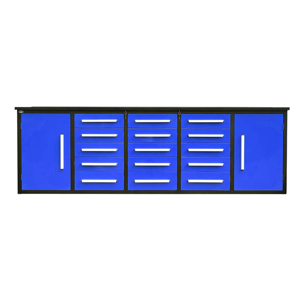 Long Blue And Black Workbench With Fifteen Center Drawers And Full Height Side Cabinets At Both Ends