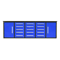 Long Blue And Black Workbench With Fifteen Center Drawers And Full Height Side Cabinets At Both Ends