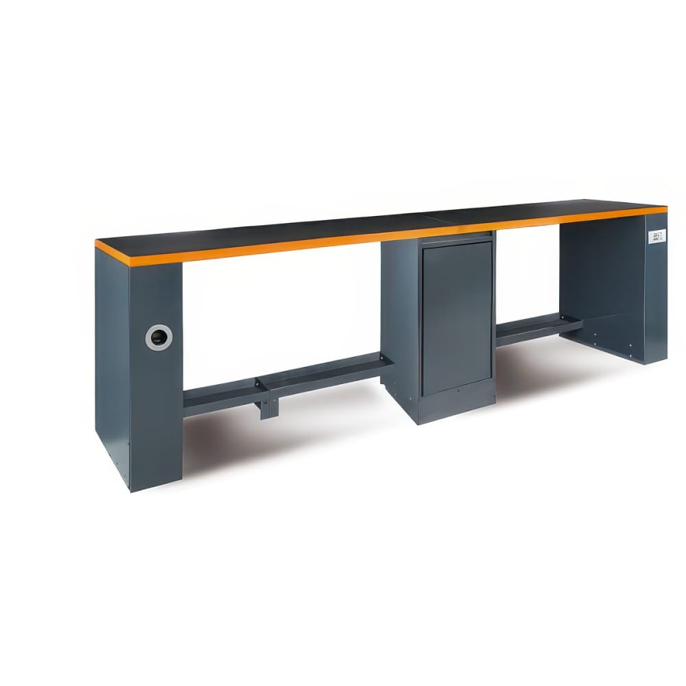 Long Gray Beta Workbench Base With Orange Top Edge Three Support Pedestals Open Underbench Bays And A Round Side Port