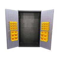 Long Handle Tool Cabinet Valley Craft With Gray Doors Featuring Perforated Panels Containing Multiple Yellow Plastic Storage Bins