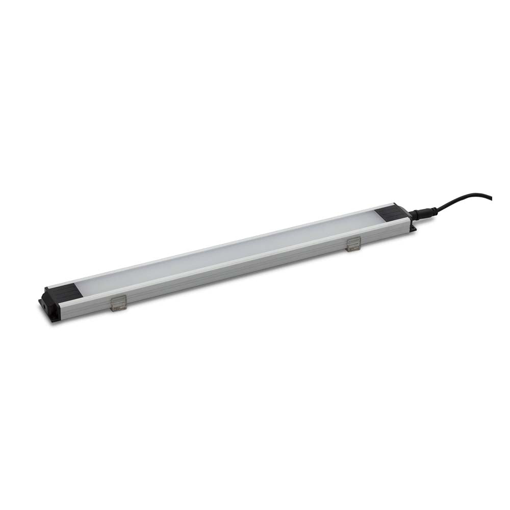 Long LED Light Bar With Black End Caps And Attached Power Cable On White Background