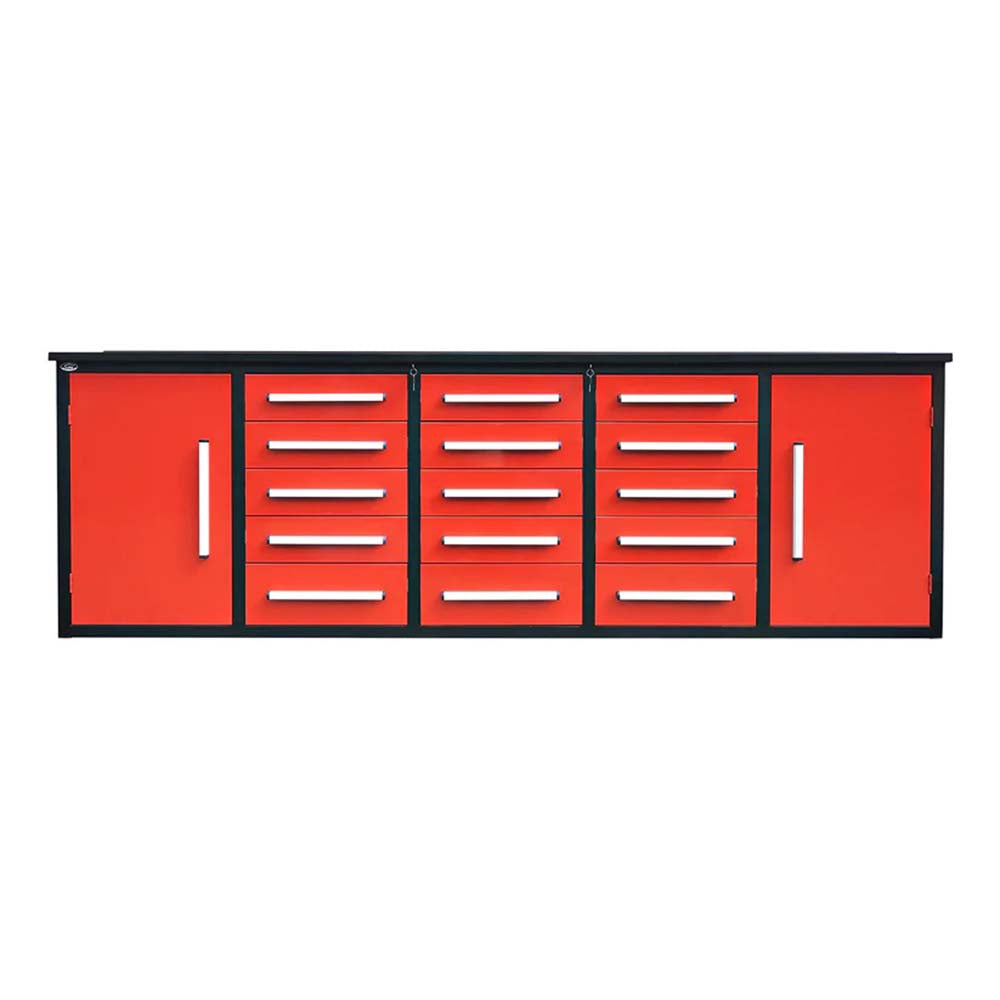 Long Red And Black Workbench With Fifteen Center Drawers And Tall Side Cabinets On Both Ends