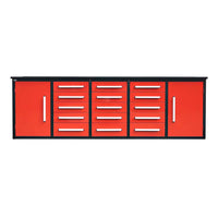 Long Red And Black Workbench With Fifteen Center Drawers And Tall Side Cabinets On Both Ends