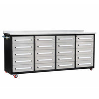 Long Rolling Tool Cabinet With Twenty Silver Drawers White Pull Handles