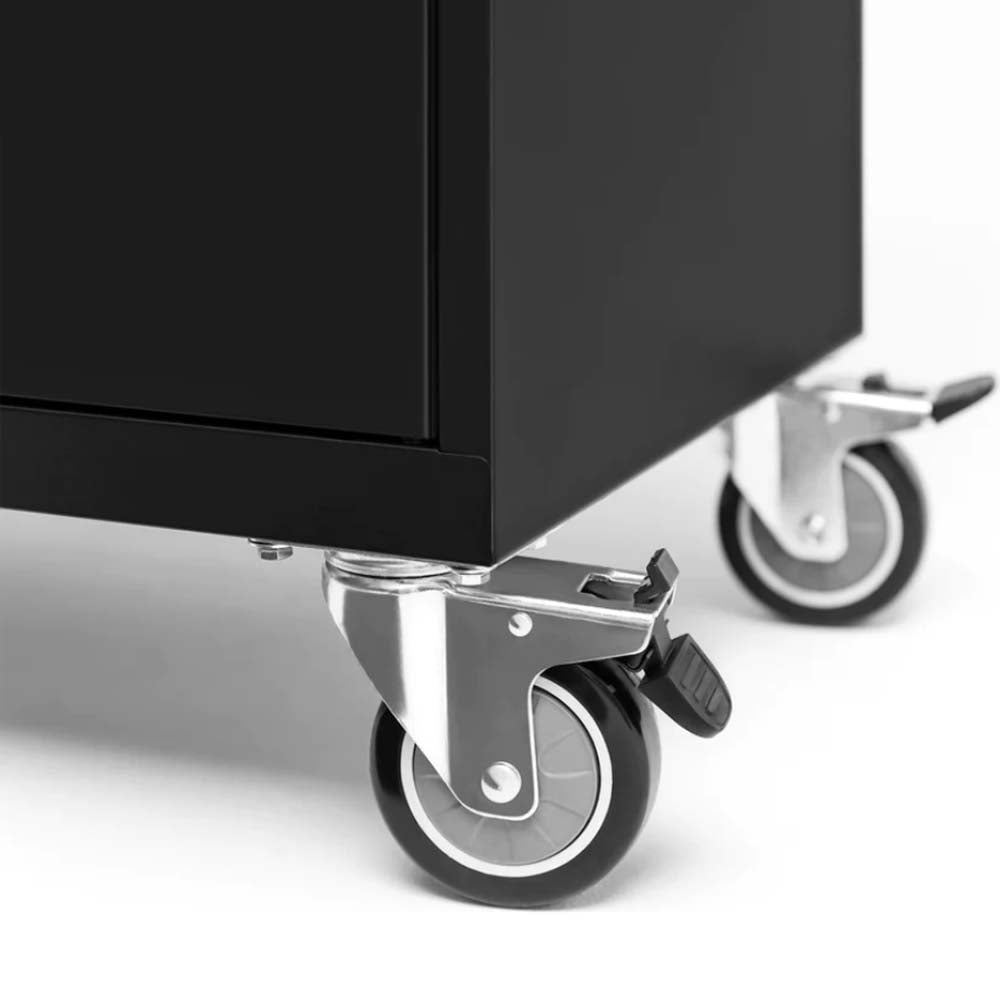 Lower Corner Of A Black NewAge 12 Piece Bold Series Cabinet Set With Lockers Equipped With Two Caster Wheels
