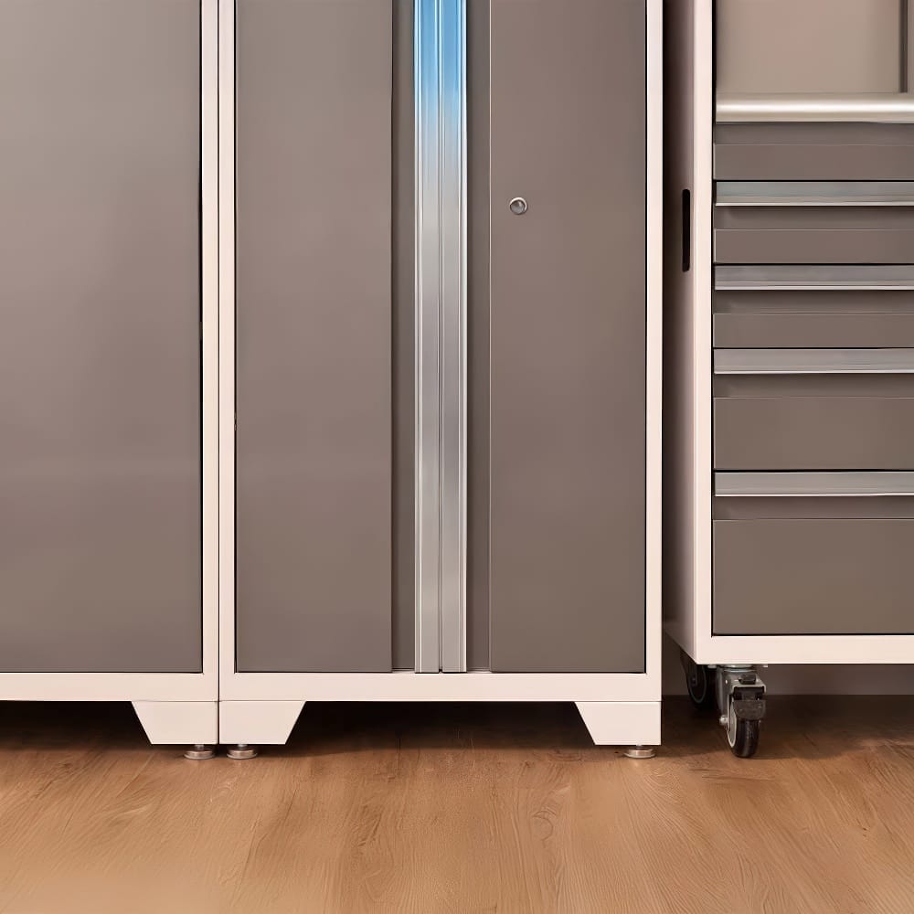 Lower Section Of A Modular Garage Cabinet System With Adjustable Leveling Feet And Rolling Casters