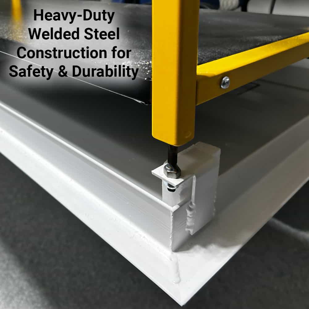 Close-up of the Majic Attic Lift's steel basket arm and ceiling door frame