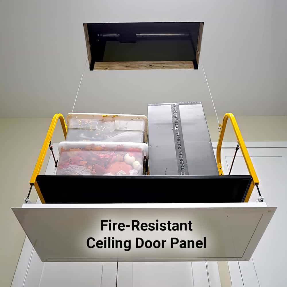 Majic Attic Lift raising storage bins toward the ceiling opening, fire-resistant door panel below