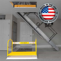 Majic Attic Lift lowered to a garage floor, with a Made in the USA badge