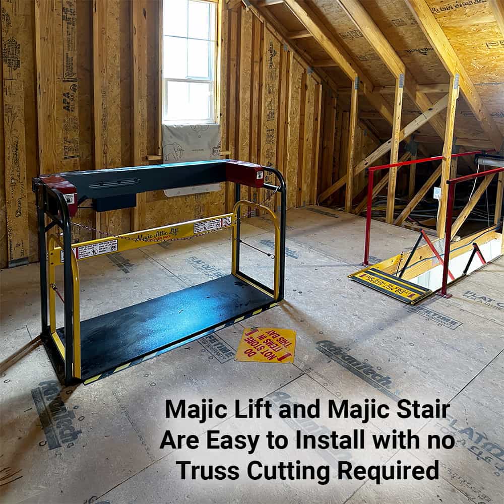 Majic Attic Lift in an attic beside a Majic Stair opening, fitted between the trusses