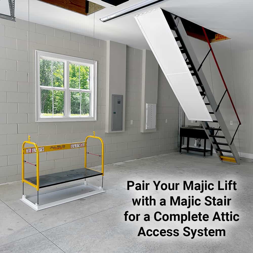 Majic Attic Lift on a garage floor beside an open Majic motorized attic stair