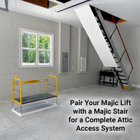 Majic Attic Lift on a garage floor beside an open Majic motorized attic stair