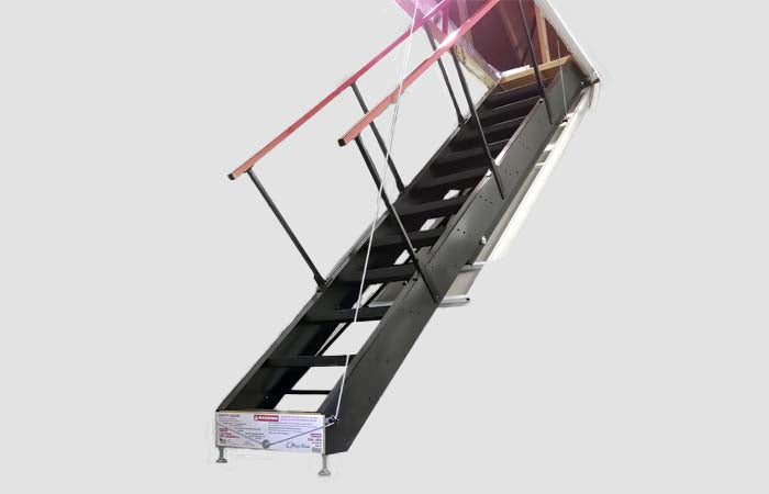 Majic Aluminum Attic Stair with red handrail