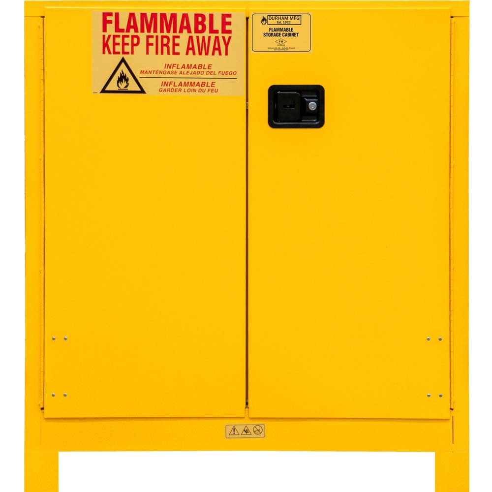 Manual Flammable Storage 30 Gallon Durham With Warning Labels Indicating To Keep Fire Away