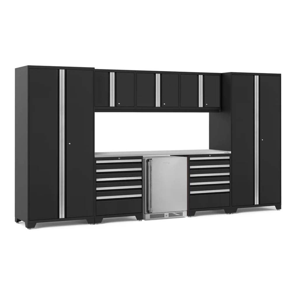 Matte Black Garage Cabinet System Features A Stainless Steel Countertop Dual Drawer Units Upper Storage Cabinets