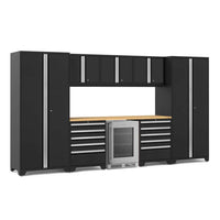 Matte Black Garage Storage System With Sleek Silver Handles A Natural Wood Countertop Multiple Drawers And Overhead Cabinets