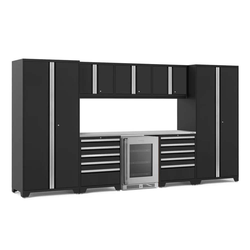 Matte Black Garage Storage System With Sleek Silver Vertical Handles Upper And Lower Cabinets And A Stainless Steel Worktop