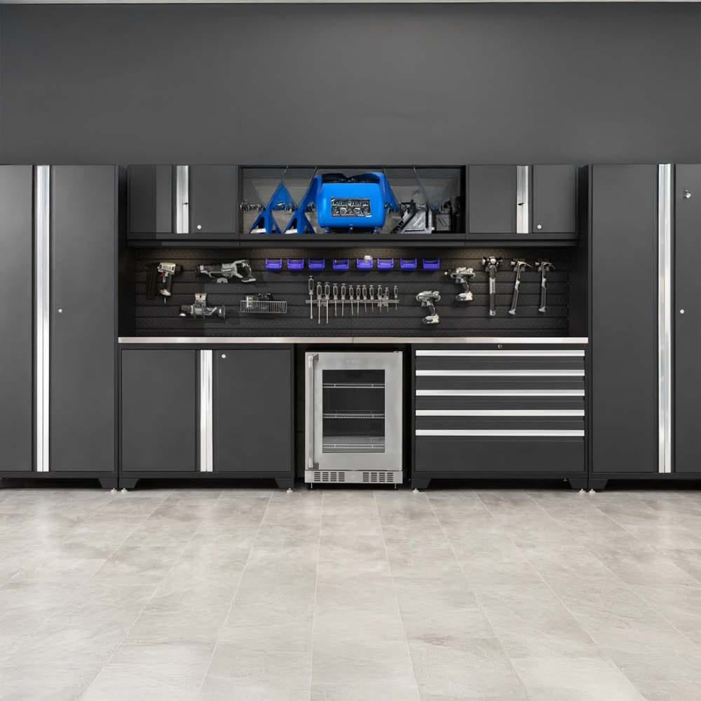 Matte Black Garage Storage System With Upper Glass-Front Cabinets Slatwall Tool Organization A Stainless Steel Mini Fridge And Integrated Drawers 