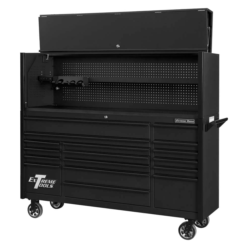 Matte Black Rolling Tool Cabinet With All Drawers Closed An Open Hutch Revealing A Pegboard Interior And A Horizontal Handlebar On The Side