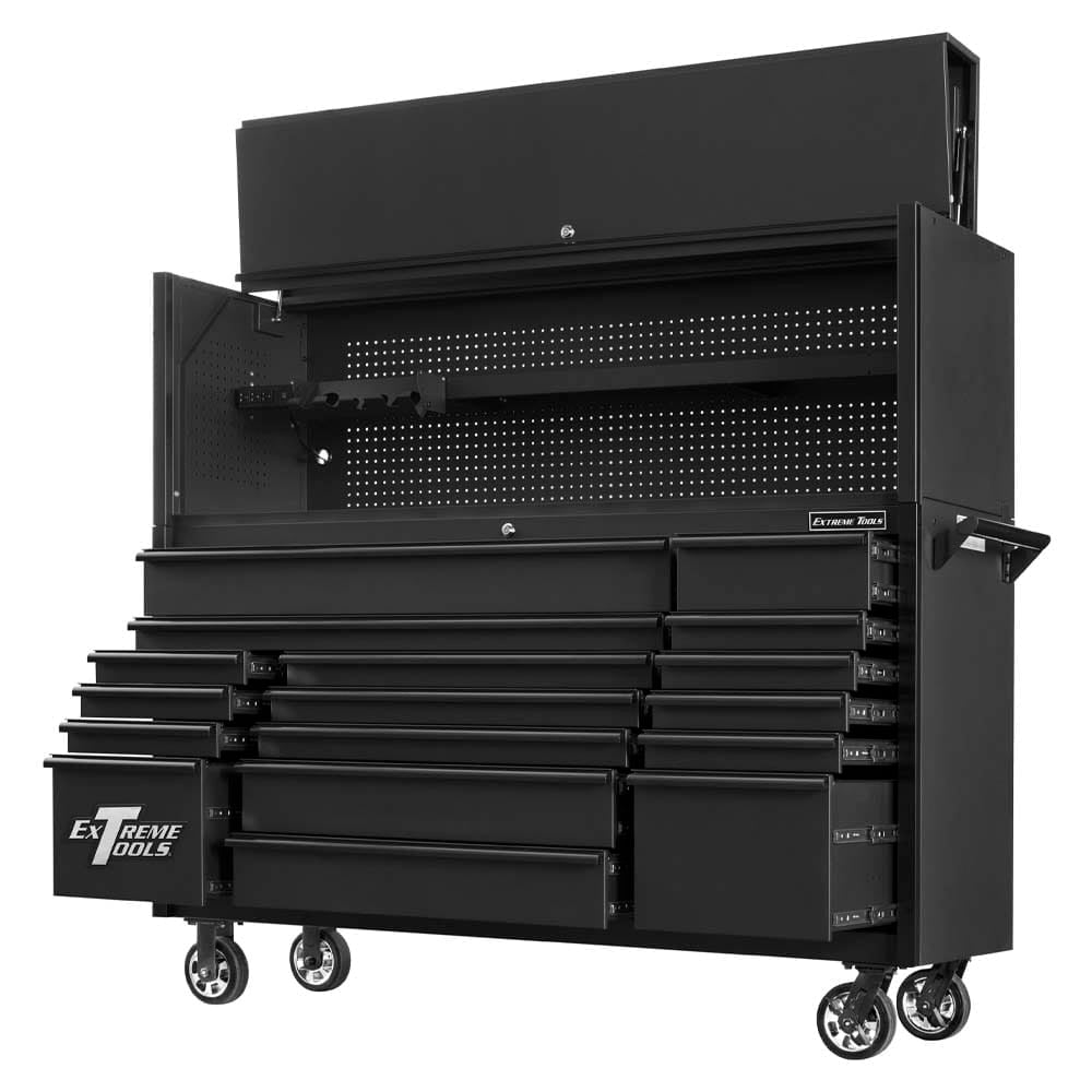 Matte Black Tool Cabinet On Wheels With Several Drawers Partially Open A Raised Top Compartment And An Interior Pegboard Equipped With A Horizontal Tool Rack