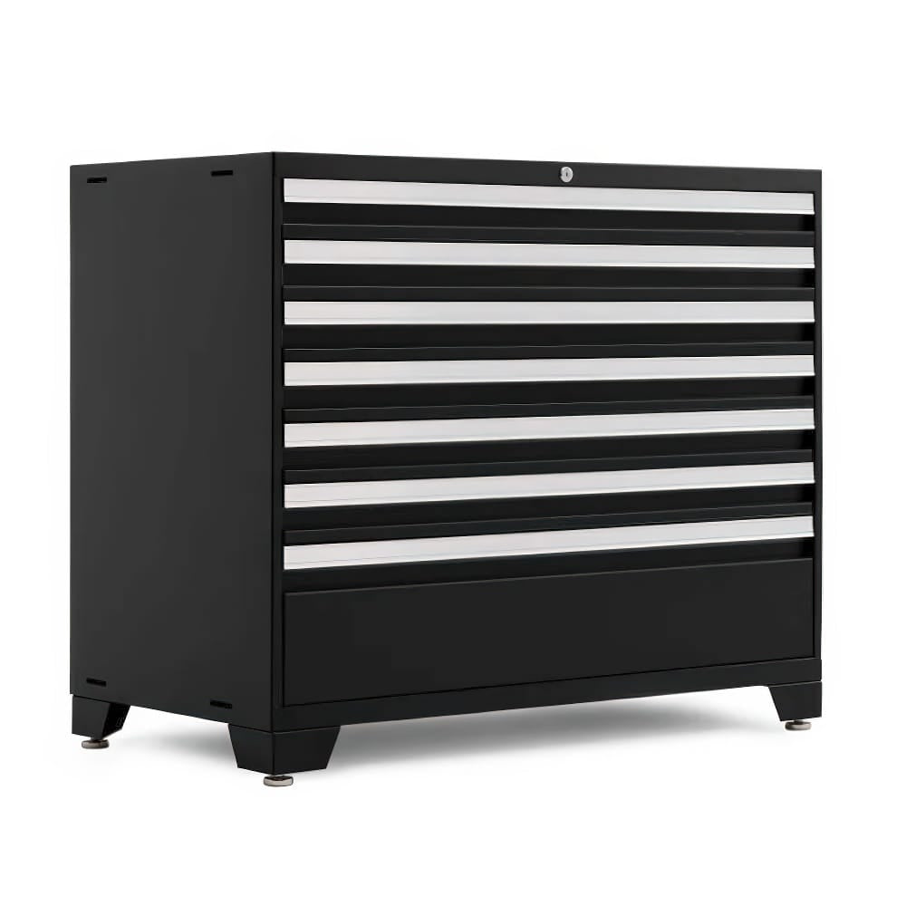 Matte Black Tool Chest With Eight Shallow Drawers And One Deep Base Drawer On Leveling Feet