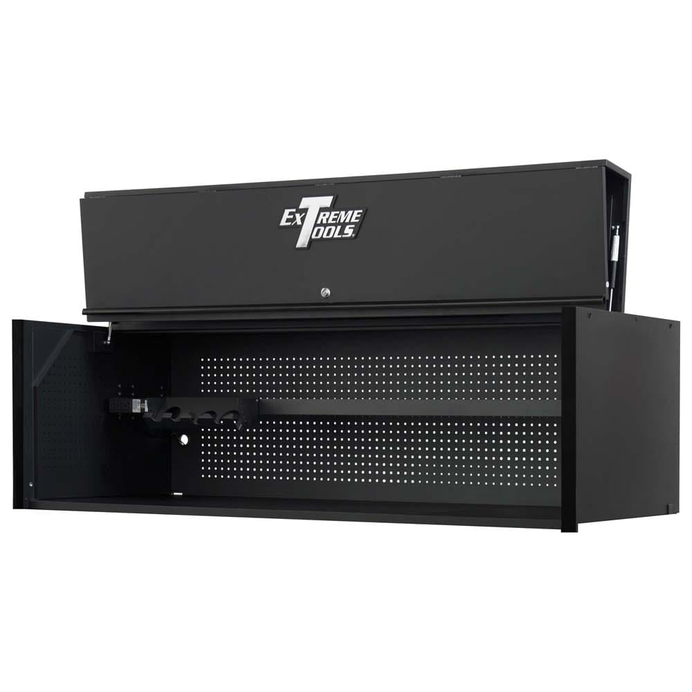 Matte Black Top Roll Cab Hutch With A Pegboard Back Panel And A Built In Tool Organizer