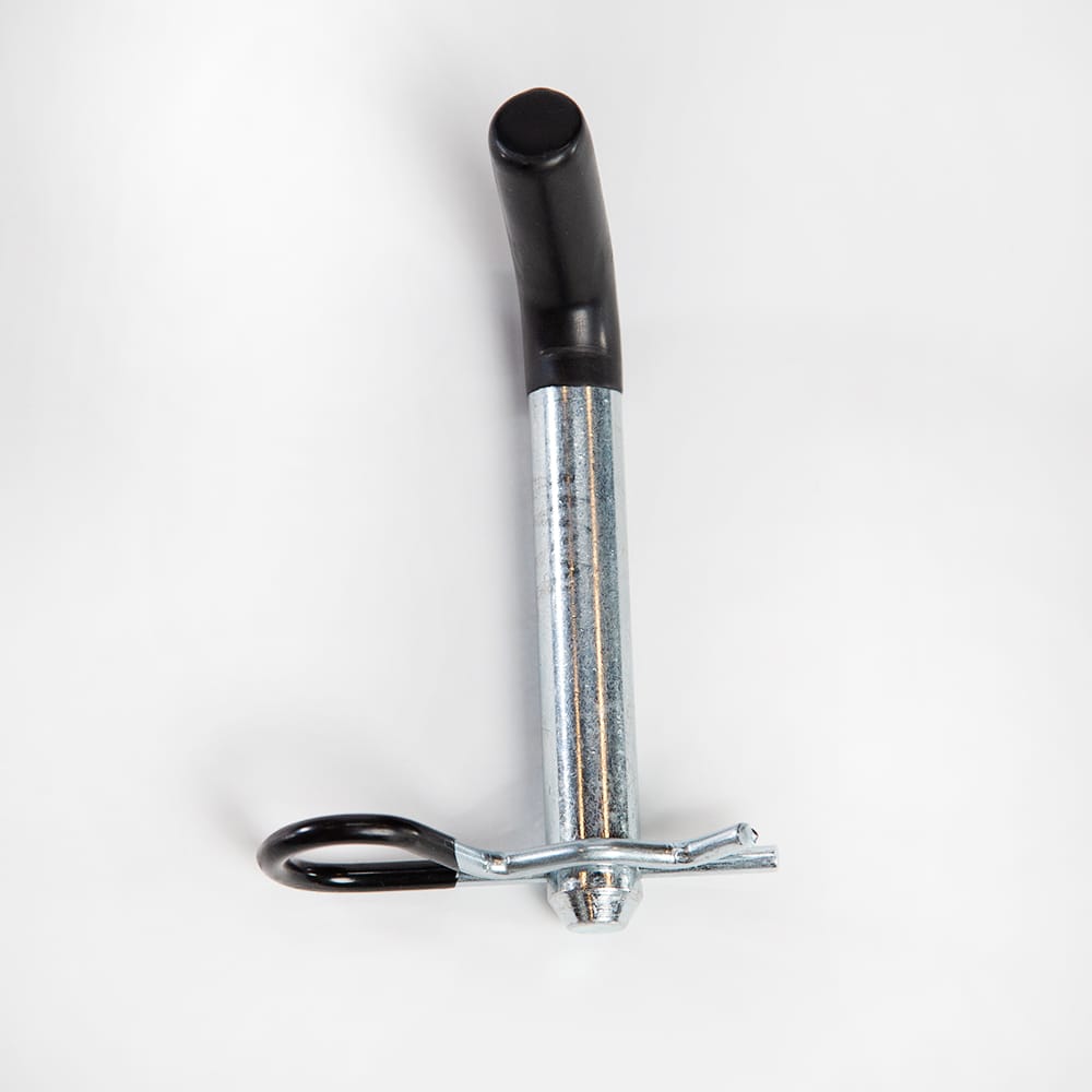 Mechanical Tool With A Long Metal Shaft, A Black Rubber Handle, And A Hook With A Black Grip Secured By A Hitch Pin Mechanism