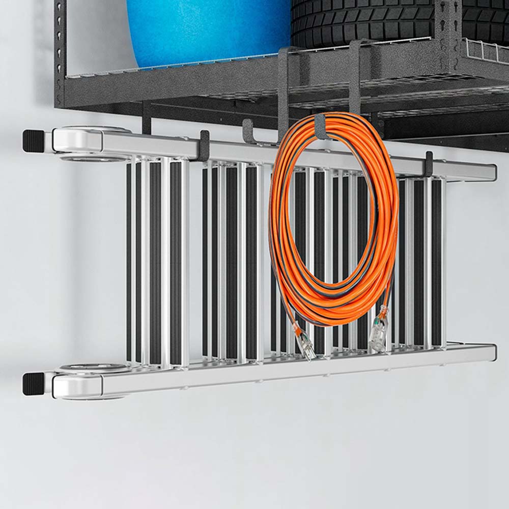 Metal Ceiling Mounted Storage Rack With Versarac Hooks By NewAge Holding A Folded Ladder And An Orange Extension Cord