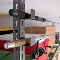 Metal Rack Holding Fishing Rods Horizontally With The Rods Secured In NewAge Post Mount Hooks Pack Of 6 VersaRac Accessories