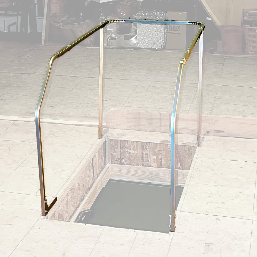 Metal Railing System Framing An Open Floor Hatch In An Attic With Semi Transparent Overlay Revealing Some Items In The Space Below