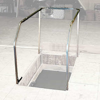 Metal Railing System Framing An Open Floor Hatch In An Attic With Semi Transparent Overlay Revealing Some Items In The Space Below