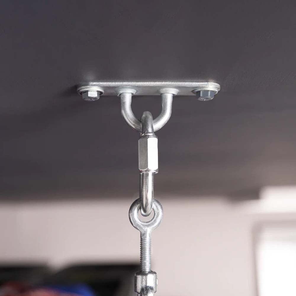 Metallic Ceiling Mount Bracket Of NewAge Pro Series 2 Ft X 8 Ft Steel Shelf 2PC With A Plate Secured By Bolts