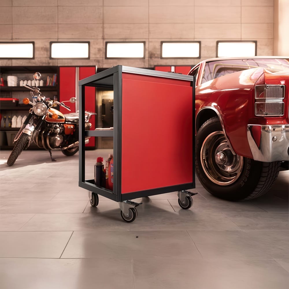 Mobile Cart Is Parked On Garage Floor Between A Vintage Motorcycle And Classic Red Car In A Tool Filled Workshop