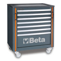 Mobile Gray Beta Tool Cart With Seven Drawers Recessed Top Tray Black Side Handles Orange Trim And Caster Wheels