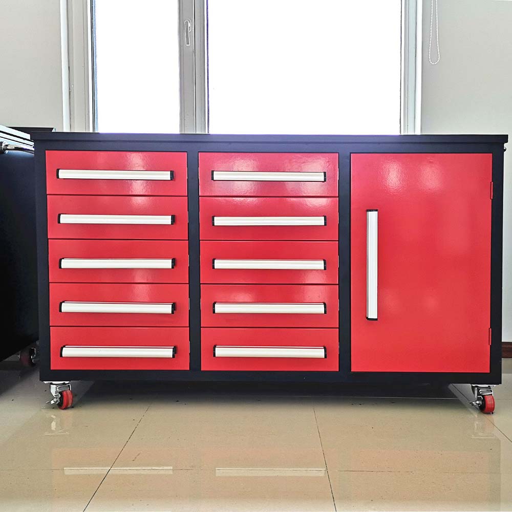 Mobile Workbench With Two Columns Of Drawers And A Right Side Storage Cabinet