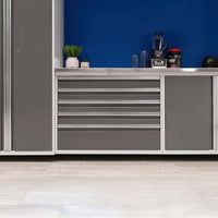 Modern Garage Cabinet System With Drawers Blender And Supplements On Countertop