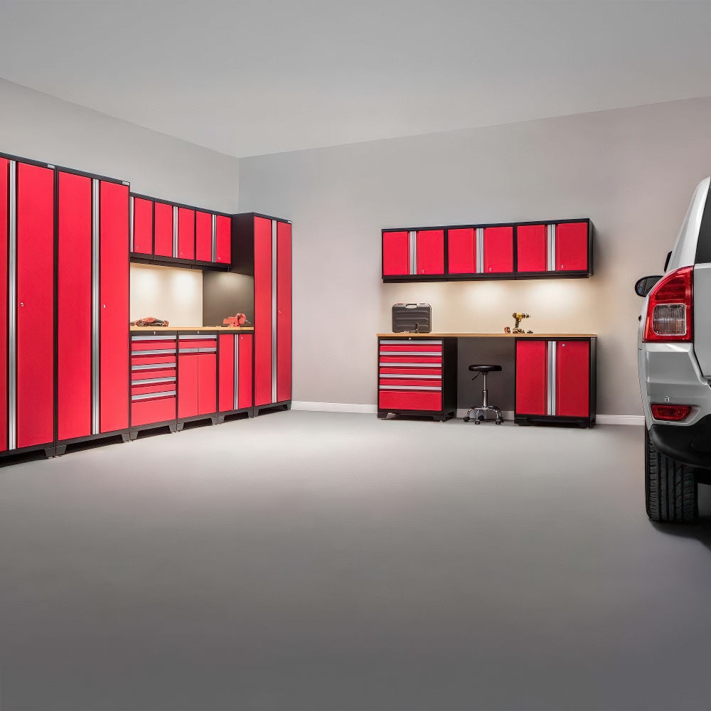 Modern Garage Setup With Vibrant Red Modular Storage Cabinets And Integrated Workbenches