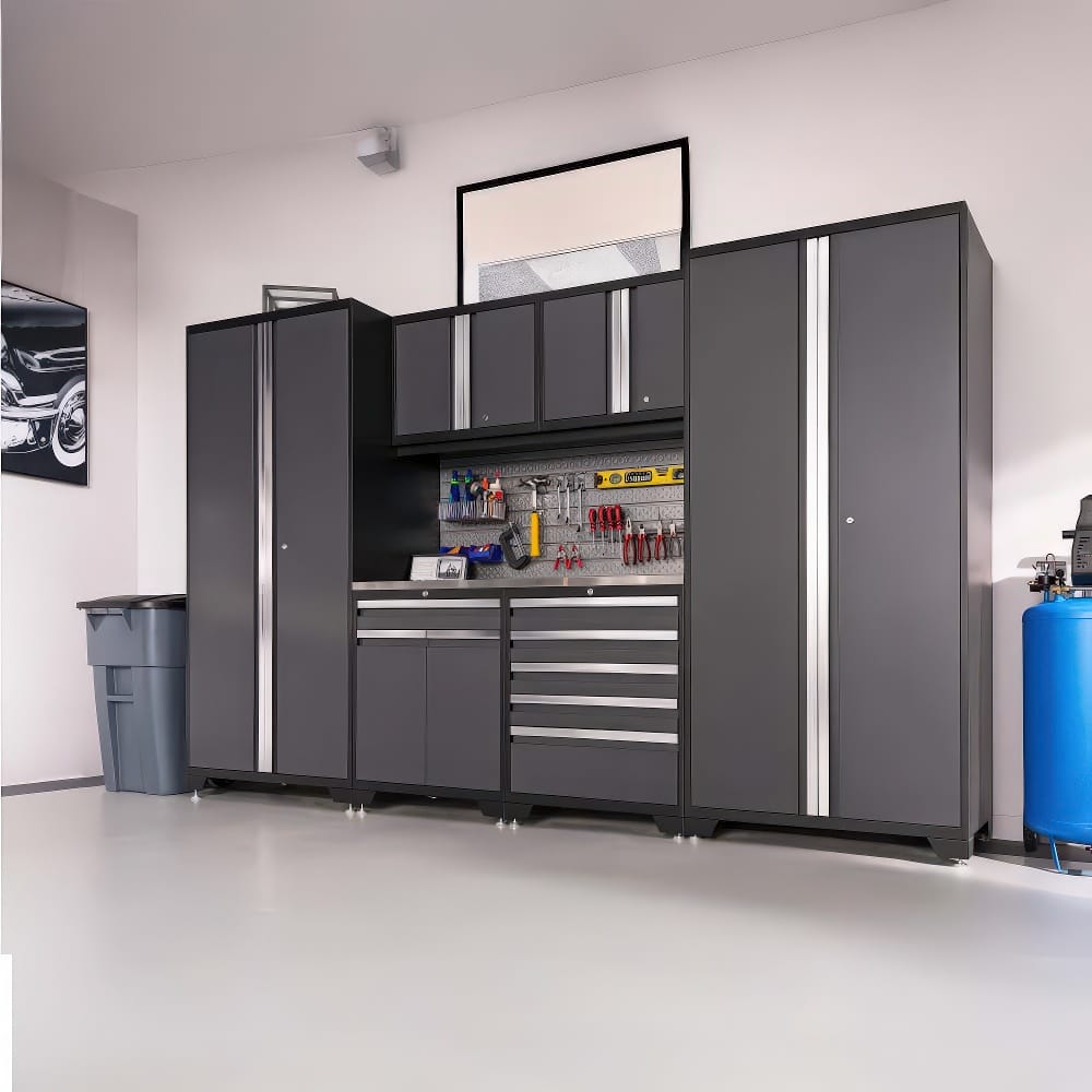 Modern Garage Storage System With Tall Cabinets Wall Units And A Workstation Organized With Tools