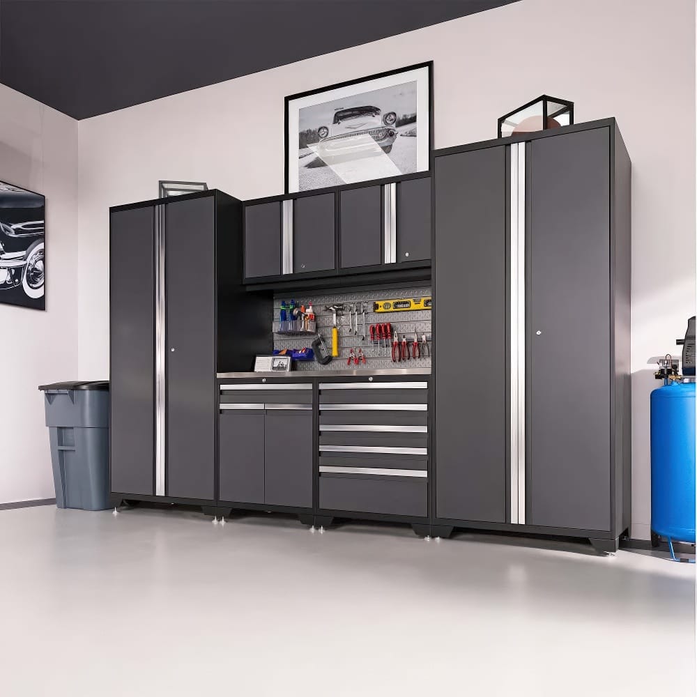 Modern Garage Workstation With Tall Black Cabinets Wall Cabinets