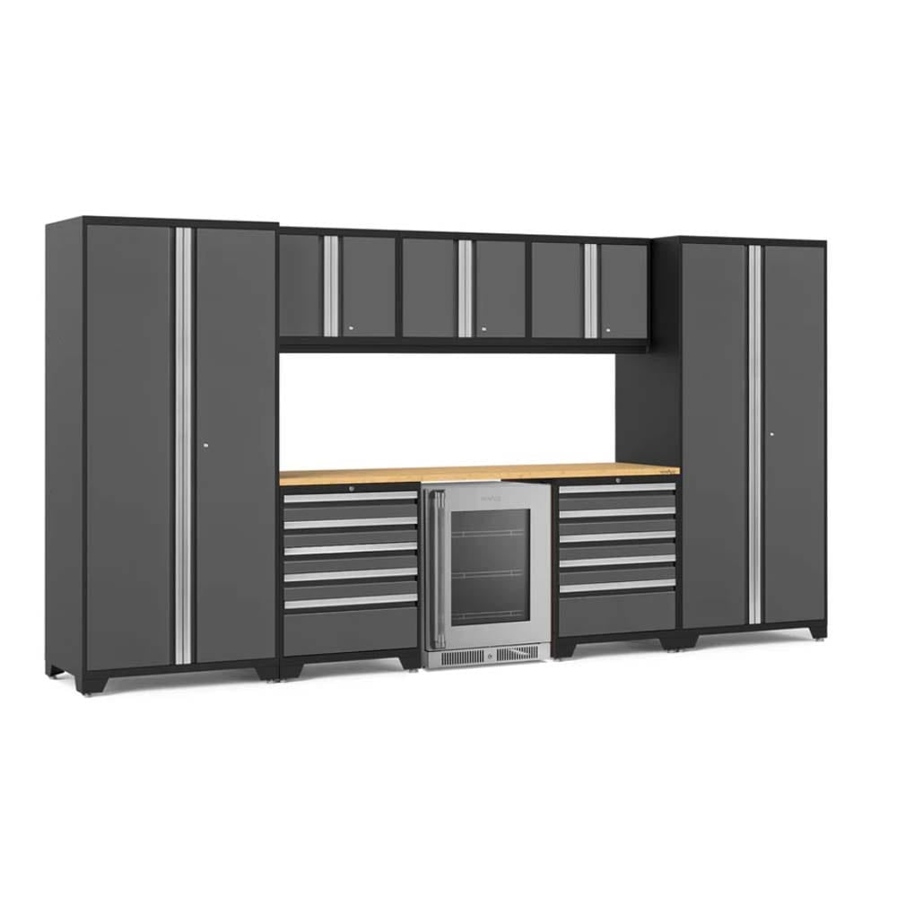 Modern Gray And Black Garage Cabinet System Featuring Upper And Lower Storage Units A Wooden Countertop