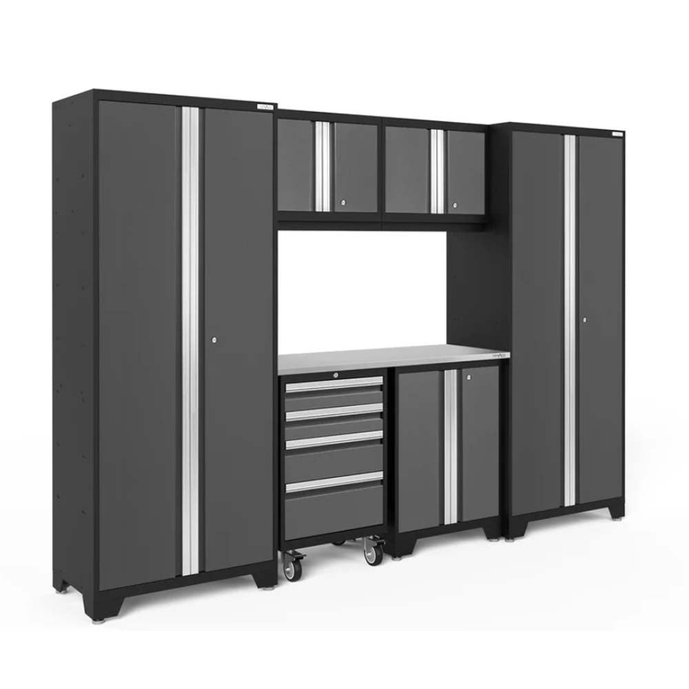 Modern Gray And Black Garage Cabinet System With Tall Lockers Overhead Storage A Stainless Steel Work Surface And A Wheeled Drawer Unit