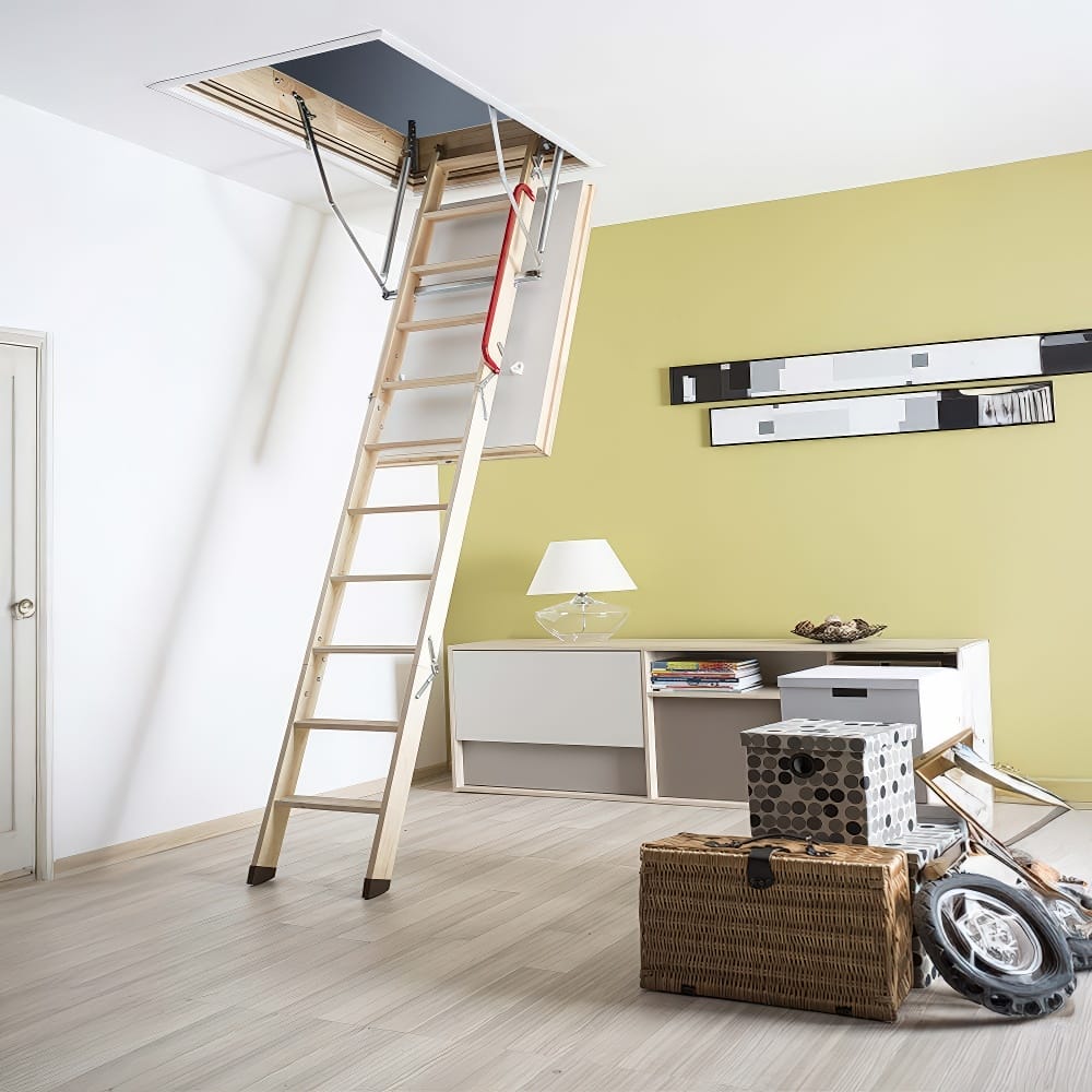 Modern Room With A Fully Extended Wooden Attic Ladder Leading Up To A Ceiling Hatch