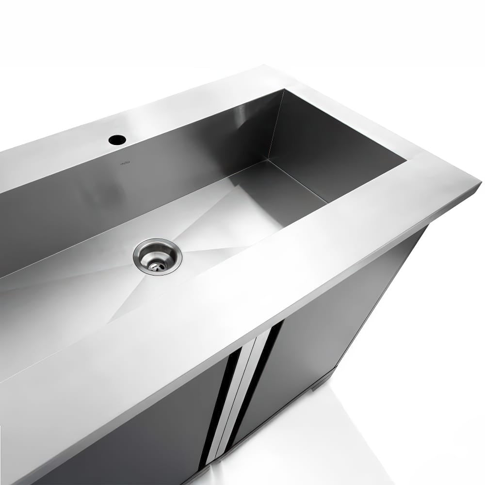 Modern Stainless Steel Sink With A Built In Cabinet And Center Drain Hole