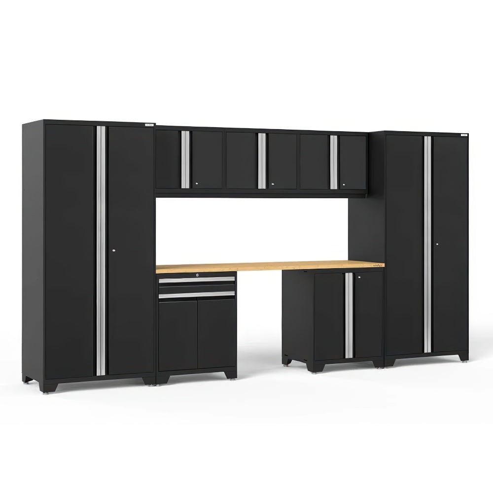 Modular Black Garage Cabinet System With Two Tall Lockers Overhead Cupboards Wood Worktop And Base Storage Units