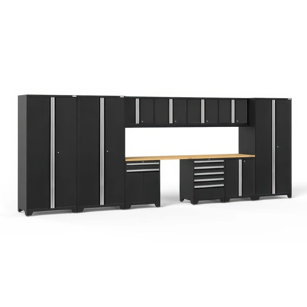 Modular Black Garage Cabinet System With Wood Worktop Overhead Storage Dual Tall Lockers And Tool Drawer Bases