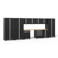 Modular Black Garage Cabinet System With Wood Worktop Overhead Storage Dual Tall Lockers And Tool Drawer Bases