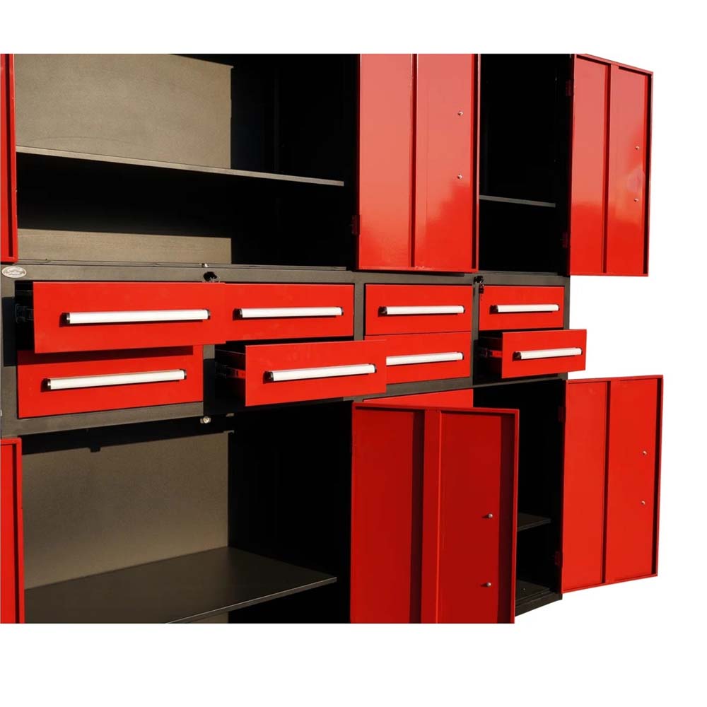 Modular Cabinet System With Open Doors Adjustable Shelves And Partially Pulled Out Drawers