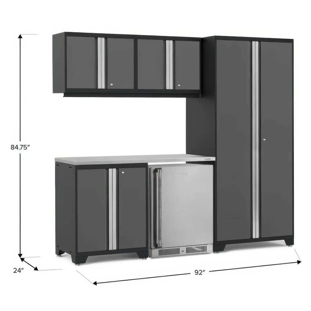 Modular Garage Cabinet Set With Tall Locker Overhead Wall Cabinets Worktop And Stainless Beverage Fridge Displayed With Dimensions