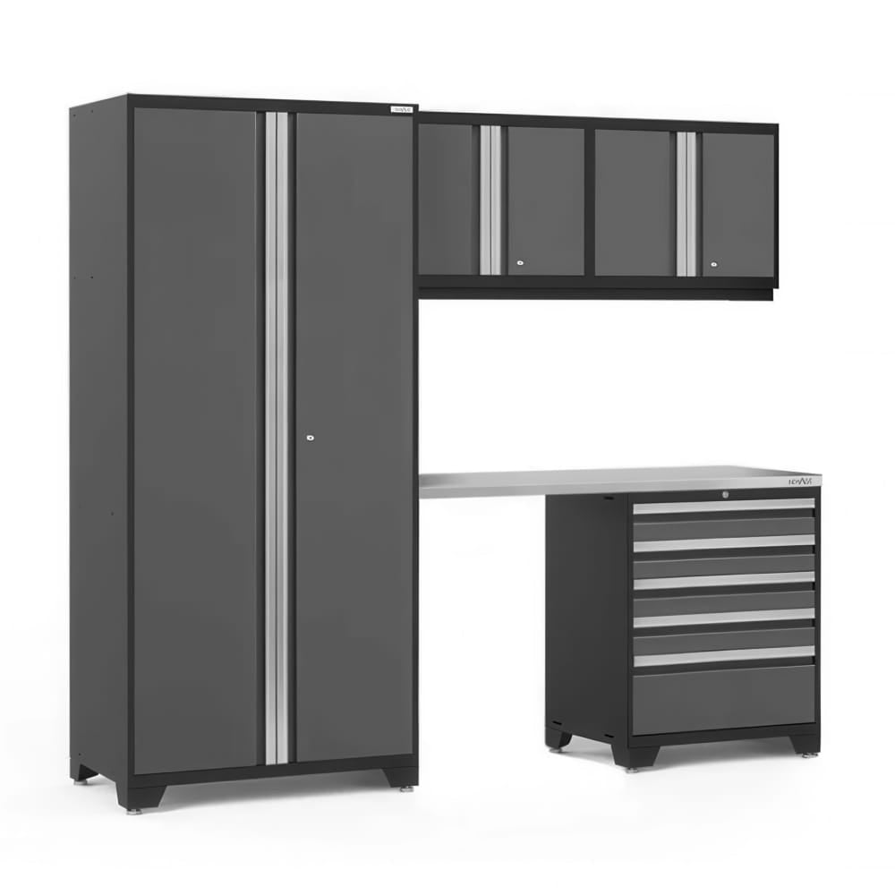Modular Garage Cabinet Set With Tall Locker Wall Mounted Overhead Cabinets Stainless Worktop And Six Drawer Tool Base